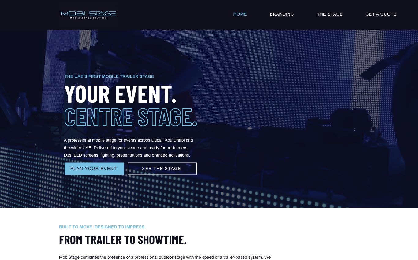 MobiStage homepage on a laptop