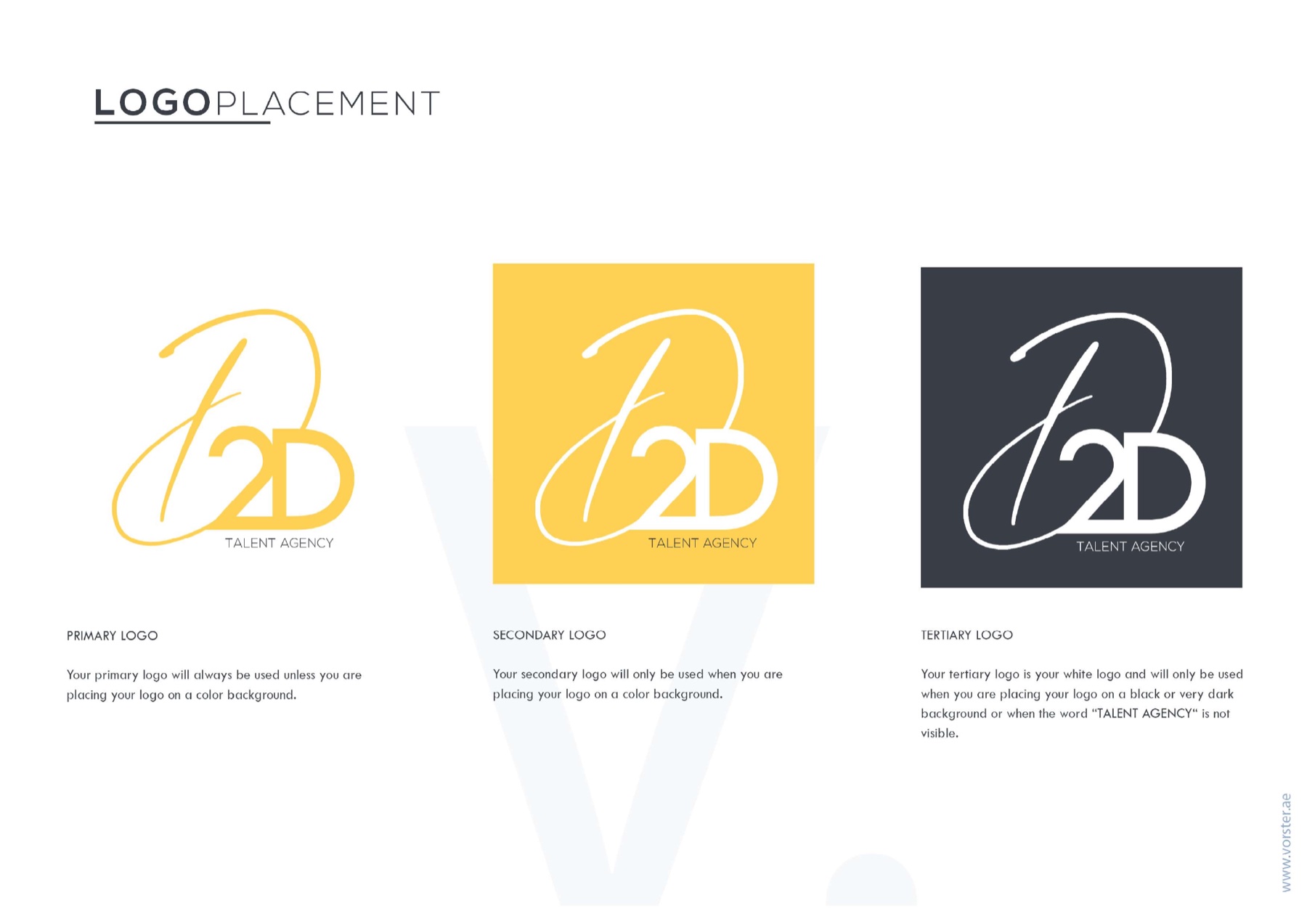 D2D Talent Agency brand identity showing primary yellow, white on yellow and white on charcoal logo variations